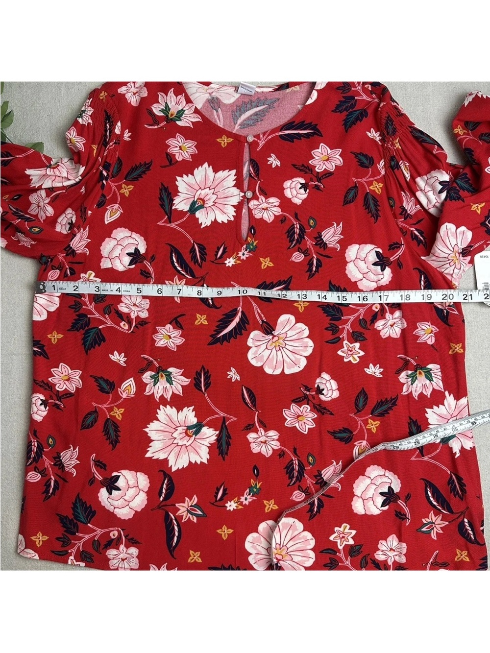 Old Navy Red Floral Blouse Smocked Shoulder Long Sleeve NWT - Picture 12 of 14